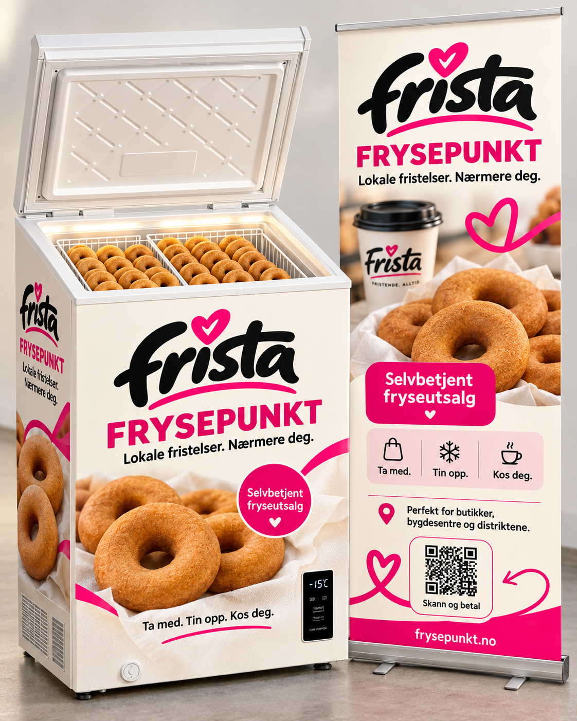 Frista Frysepunkt – selvbetjent fryser med Frista-smultringer og rull-up-skilt