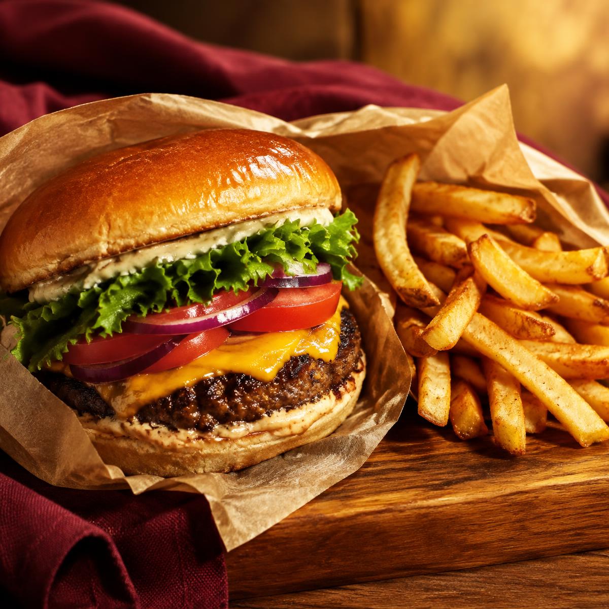 Burger med ost og salat ved siden av pommes frites i papir
