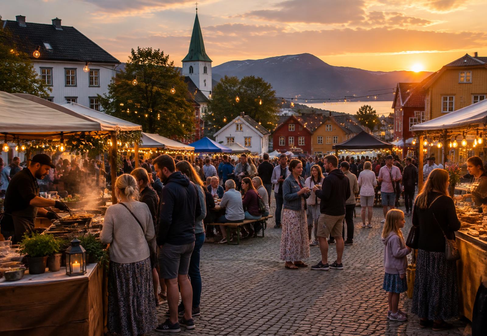 Torg med matboder, lysslynger og folk som møtes en sommerkveld